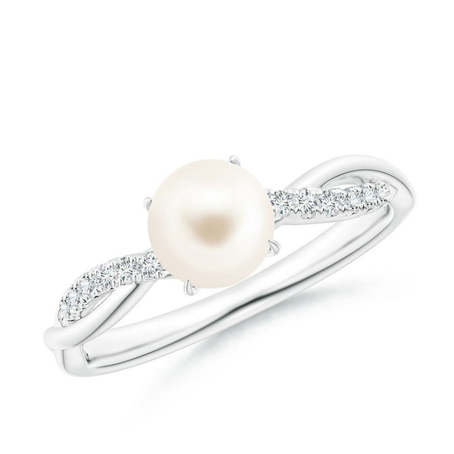 Rings Angara Freshwater Pearl | Freshwater Pearl Twist Shank Ring With Diamonds