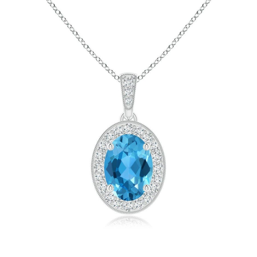 Necklaces Angara Swiss Blue Topaz | Vintage Style Oval Swiss Blue Topaz Pendant With Diamond Halo