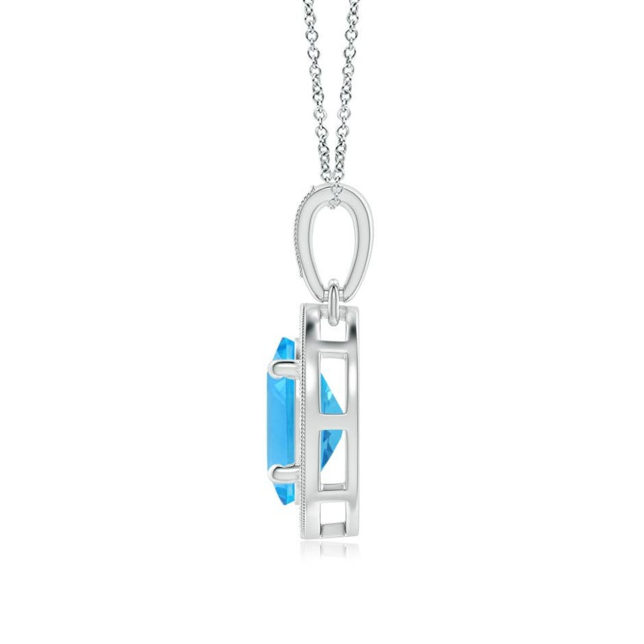 Necklaces Angara Swiss Blue Topaz | Vintage Style Oval Swiss Blue Topaz Pendant With Diamond Halo