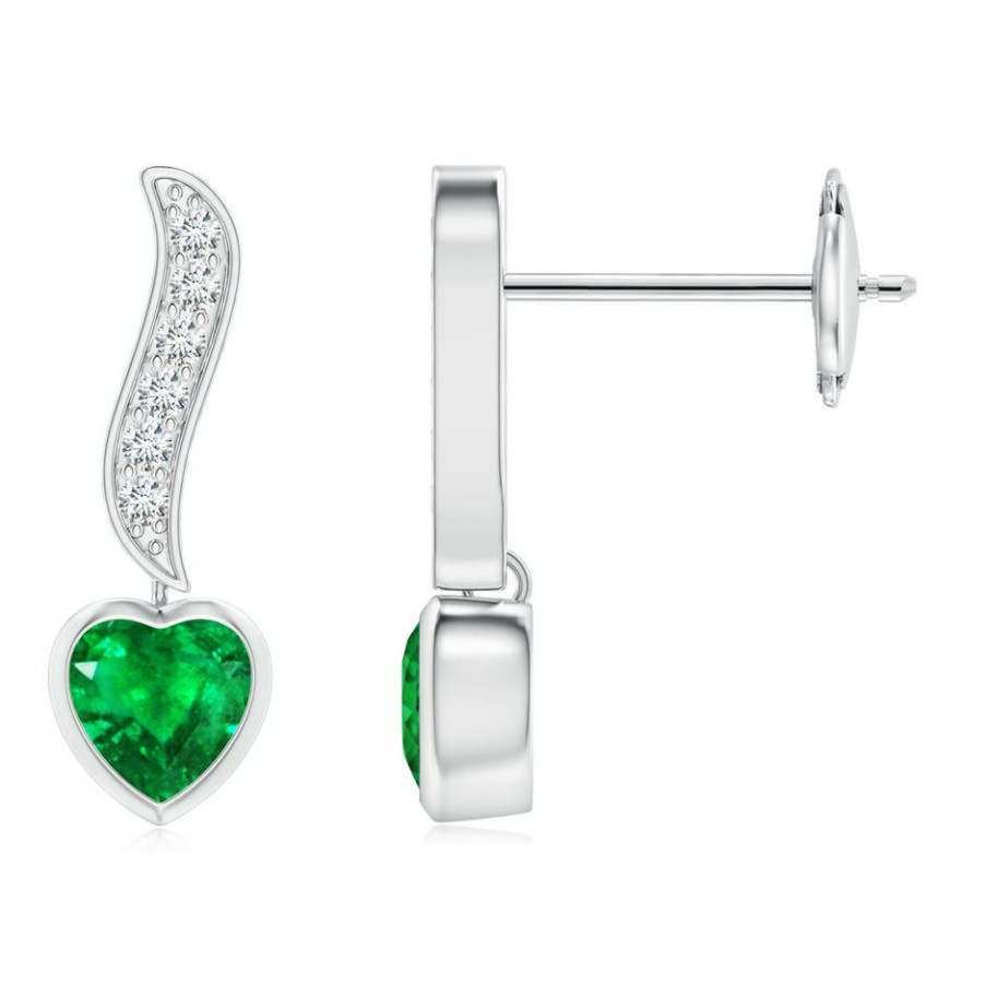 Earrings Angara Emerald | Heart-Shaped Emerald And Diamond Swirl Drop Earrings