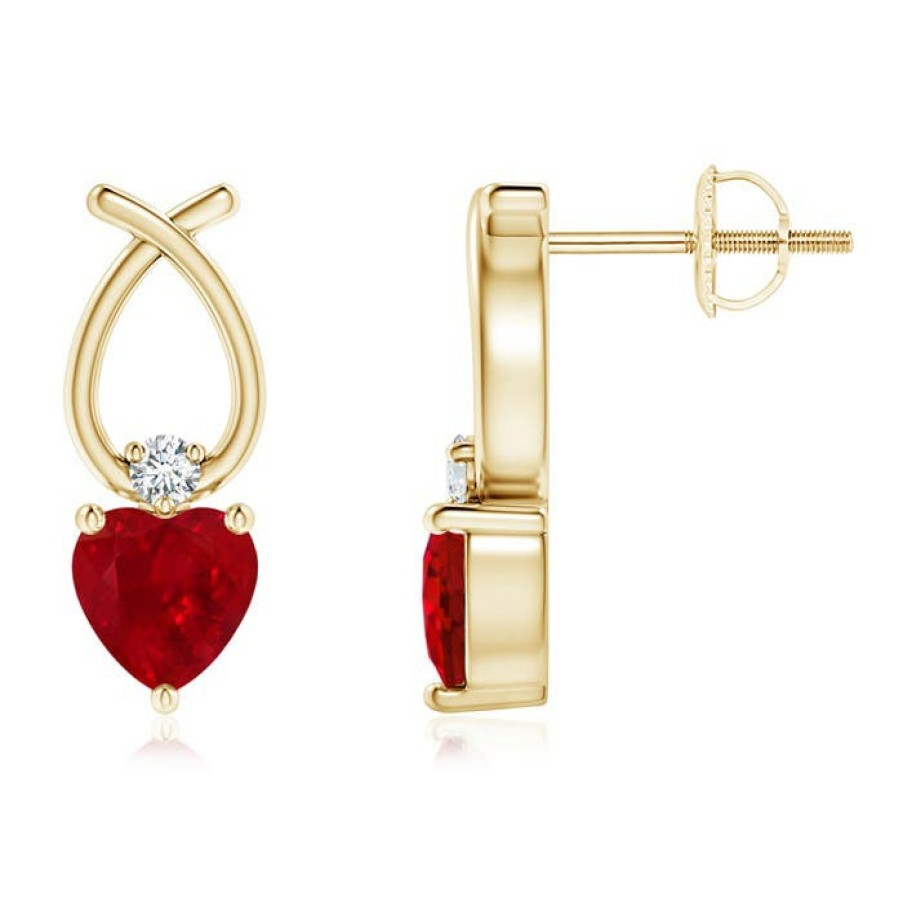 Earrings Angara Ruby | Heart Shaped Ruby Ribbon Earrings With Diamond