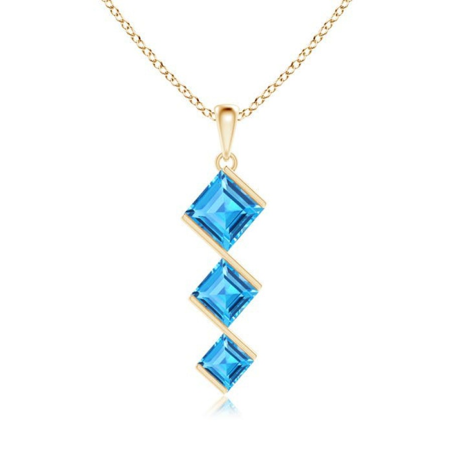 Necklaces Angara Swiss Blue Topaz | Bar-Set Square Swiss Blue Topaz Three Stone Pendant