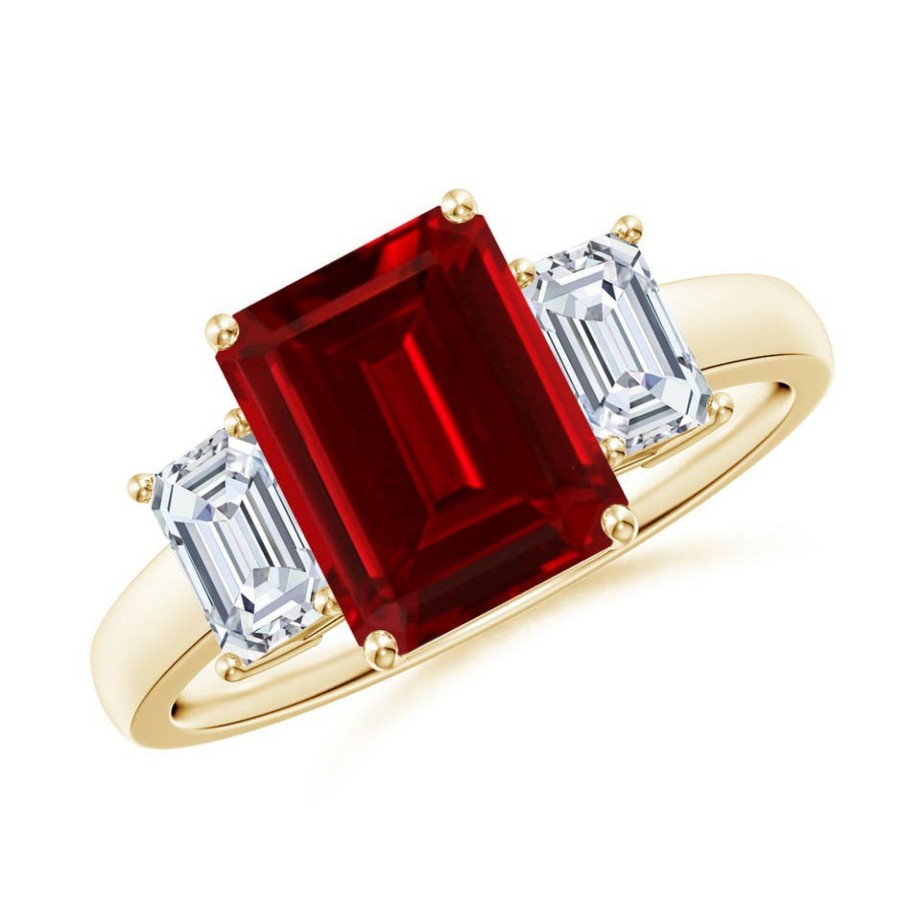 Rings Angara Ruby | Lab-Grown Emerald-Cut Ruby And Lab Diamond Three Stone Ring