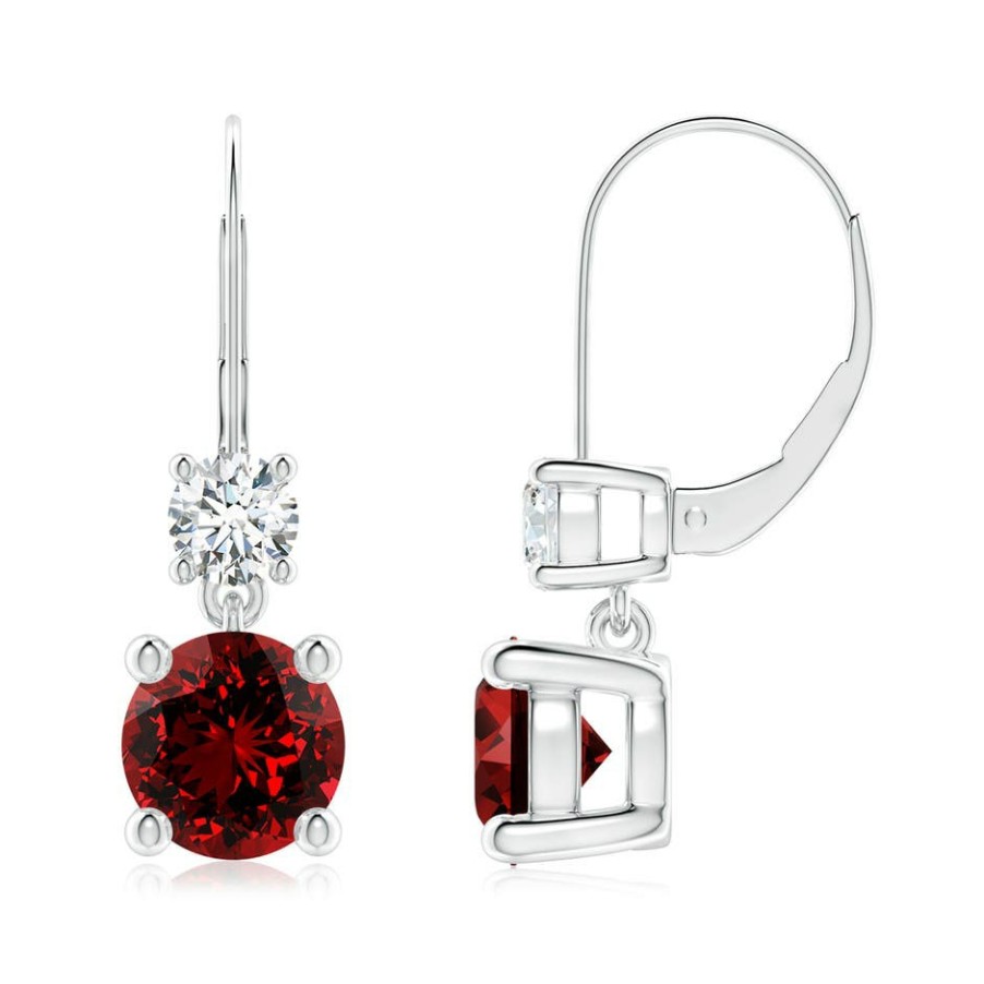 Earrings Angara Ruby | Lab-Grown Round Ruby Leverback Dangle Earrings With Lab Diamond