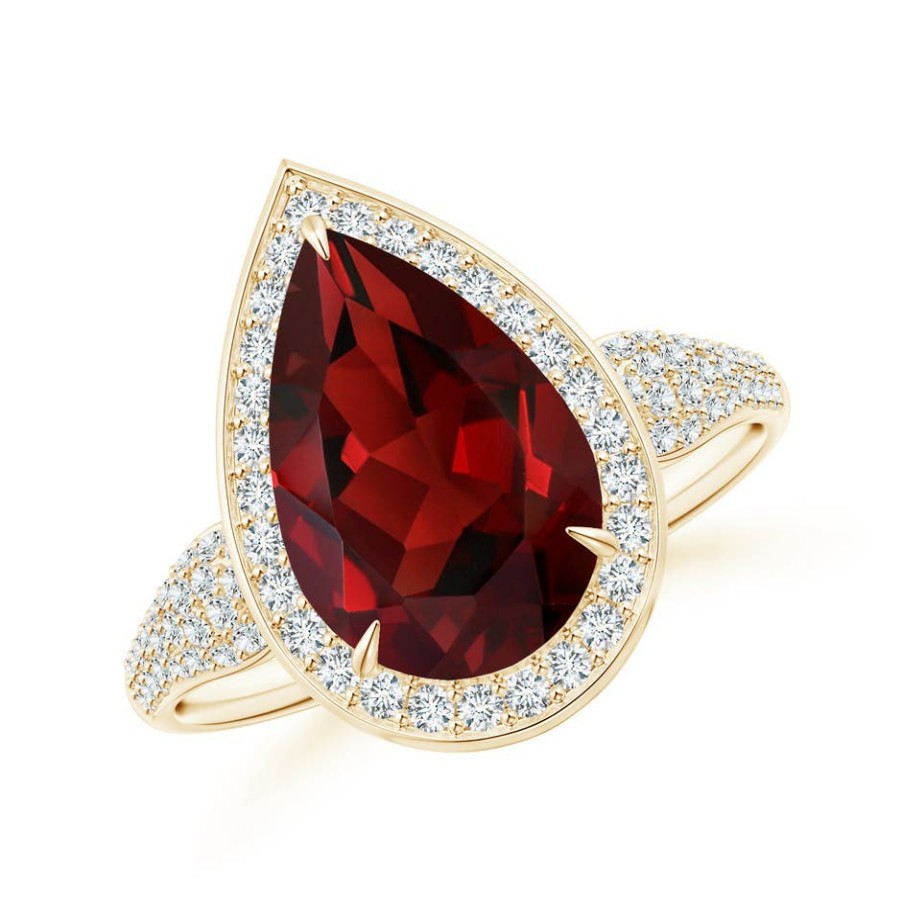 Rings Angara Garnet | Claw-Set Pear Garnet Cocktail Halo Ring With Diamonds