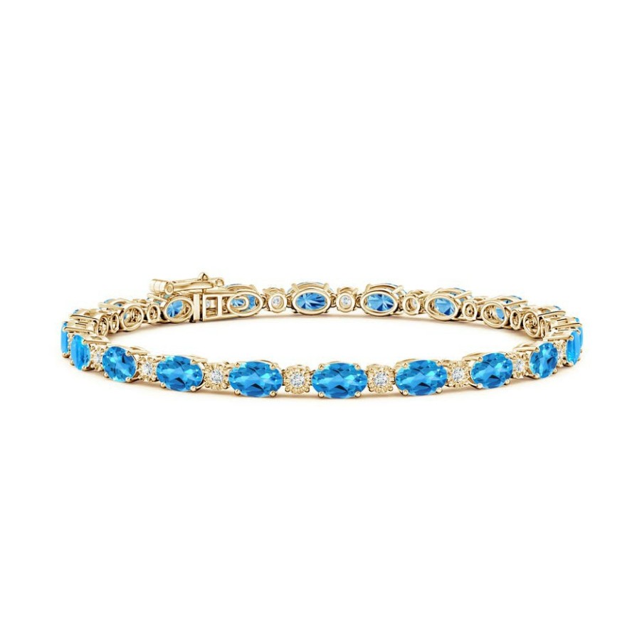 Bracelets Angara Swiss Blue Topaz | Oval Swiss Blue Topaz Tennis Bracelet With Gypsy Diamonds