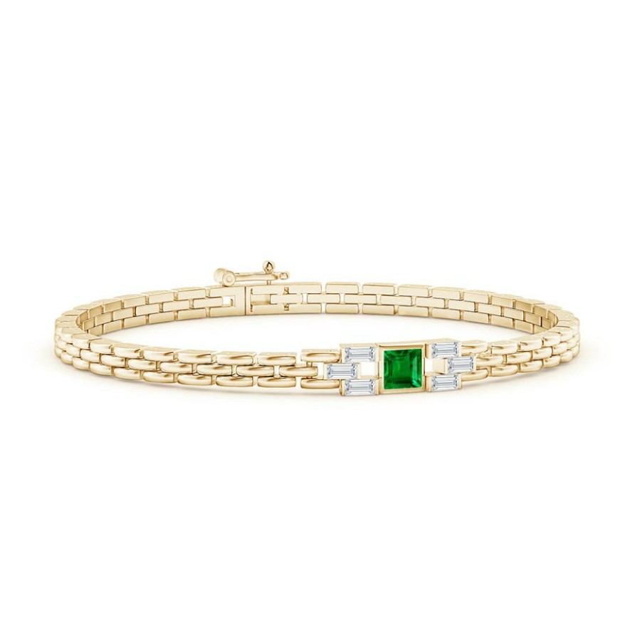 Bracelets Angara Emerald | Square Emerald & Baguette Diamond Rectangle Link Bracelet