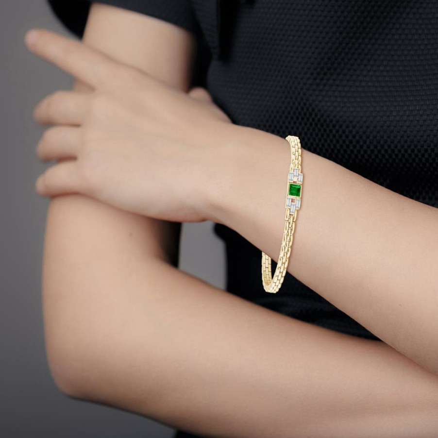 Bracelets Angara Emerald | Square Emerald & Baguette Diamond Rectangle Link Bracelet