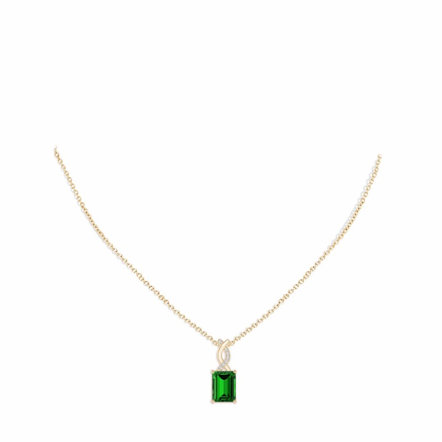 Necklaces Angara Emerald | Lab-Grown Emerald Pendant With Lab Diamond Entwined Bale