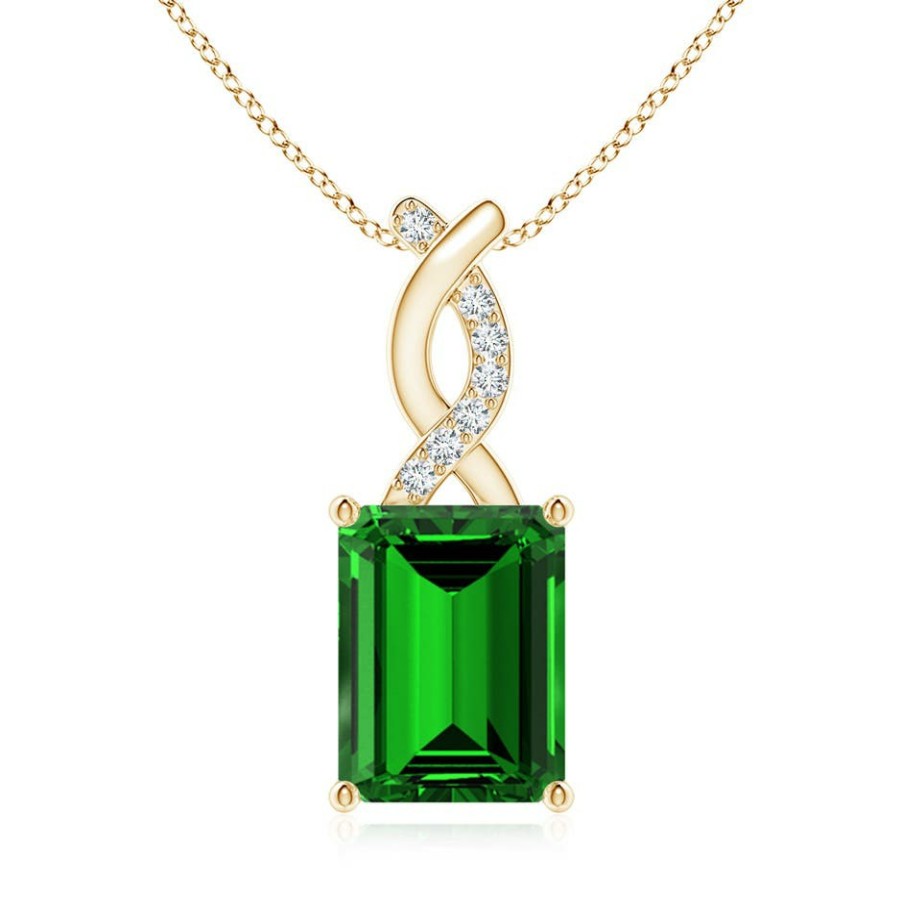 Necklaces Angara Emerald | Lab-Grown Emerald Pendant With Lab Diamond Entwined Bale