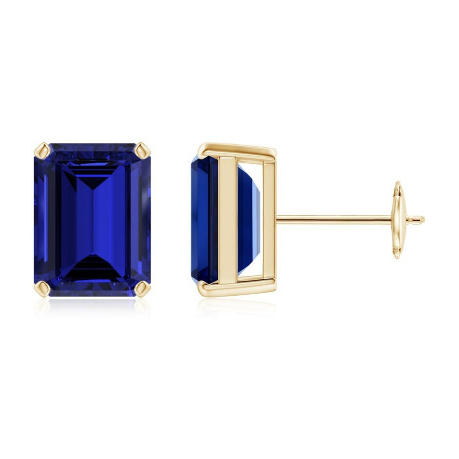 Earrings Angara Blue Sapphire | Lab-Grown Prong-Set Emerald-Cut Blue Sapphire Solitaire Stud Earrings