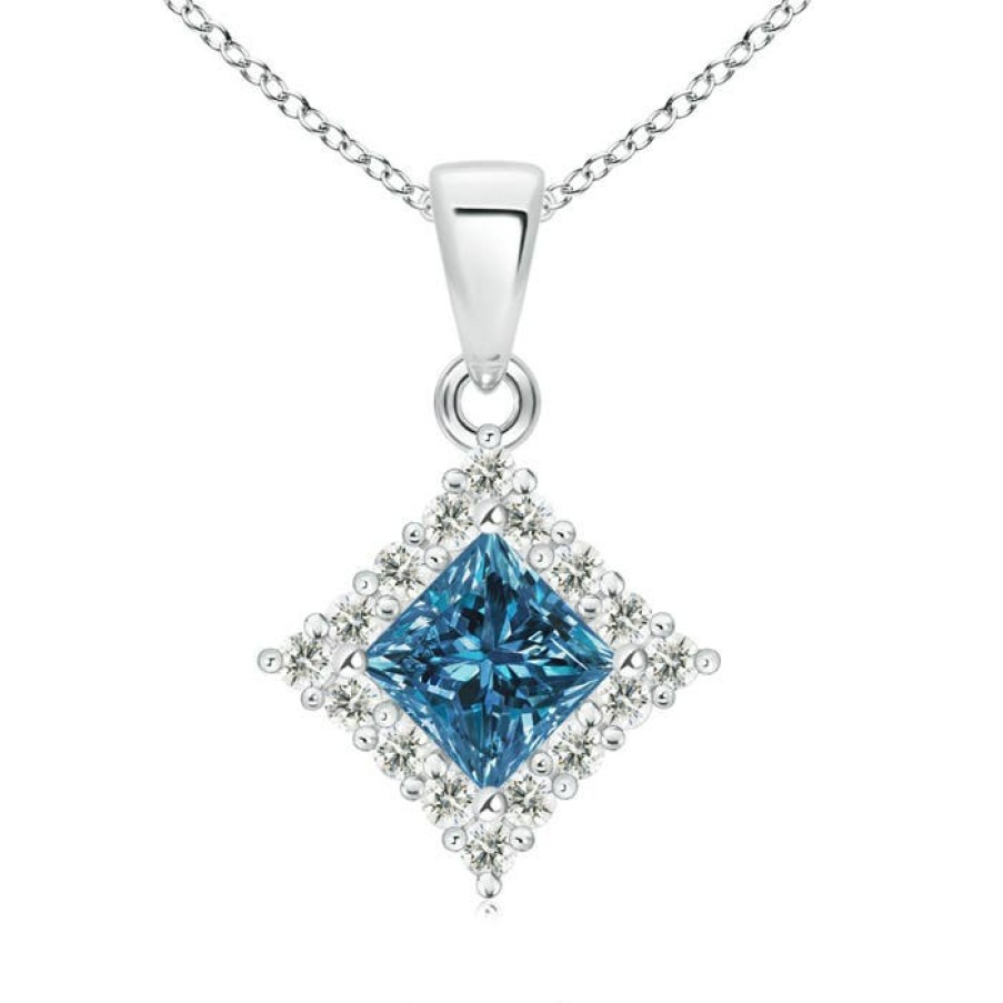 Necklaces Angara Enhanced Blue | Classic Princess-Cut Blue Diamond Pendant With Halo