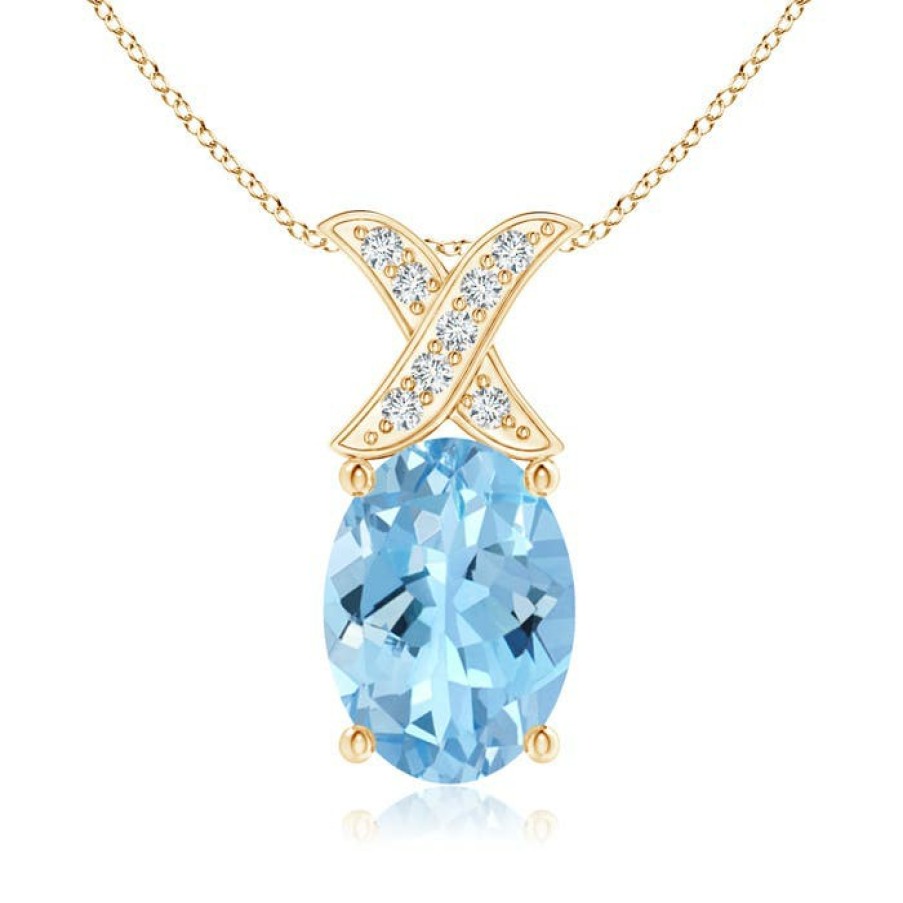 Necklaces Angara Aquamarine | Oval Aquamarine Xo Pendant With Diamonds