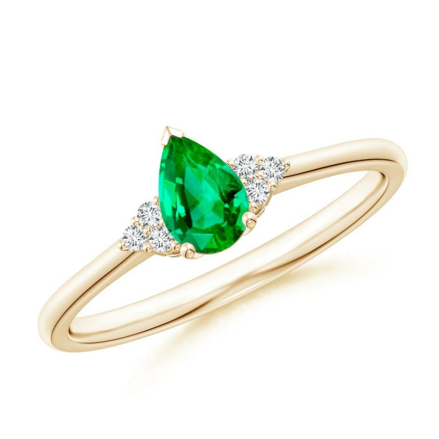 Rings Angara Emerald | Pear Emerald Solitaire Ring With Trio Diamond Accents