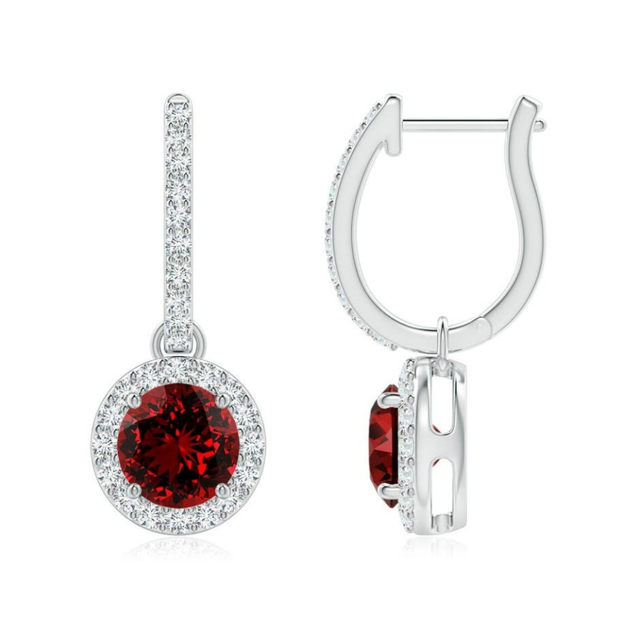 Earrings Angara Ruby | Lab-Grown Round Ruby Dangle Earrings With Lab Diamond Halo