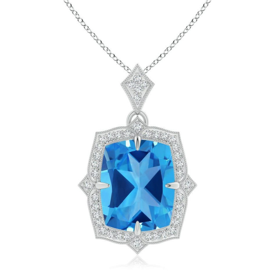 Necklaces Angara Swiss Blue Topaz | Gia Certified Antique Style Swiss Blue Topaz Pendant With Diamond Halo