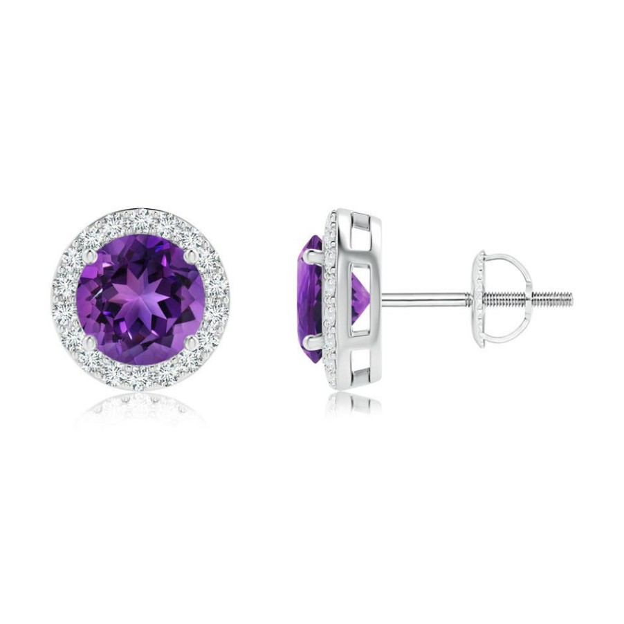 Earrings Angara Amethyst | Vintage-Inspired Round Amethyst Halo Stud Earrings