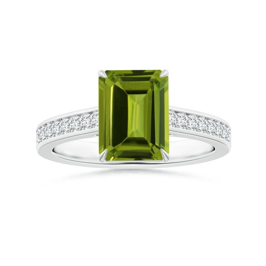 Rings Angara Peridot | Claw-Set Gia Certified Emerald-Cut Peridot Ring With Diamonds