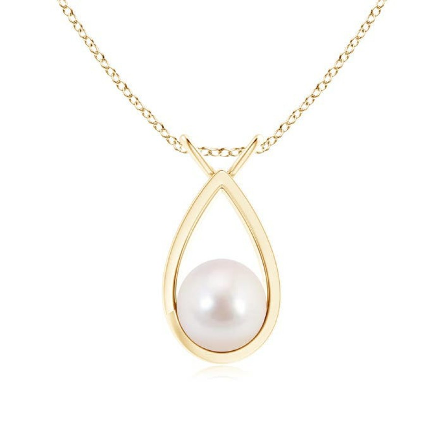 Necklaces Angara Akoya Pearl | Solitaire Japanese Akoya Pearl V-Bale Drop Pendant