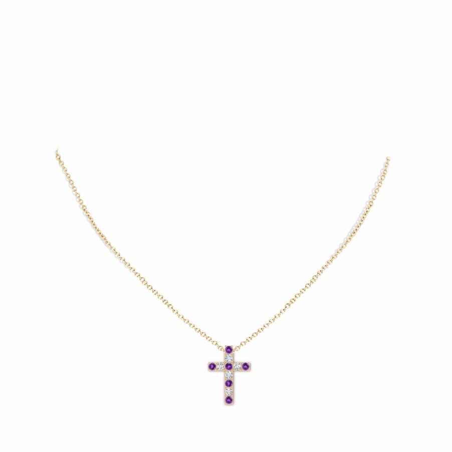 Necklaces Angara Amethyst | Flat Prong-Set Amethyst And Diamond Cross Pendant