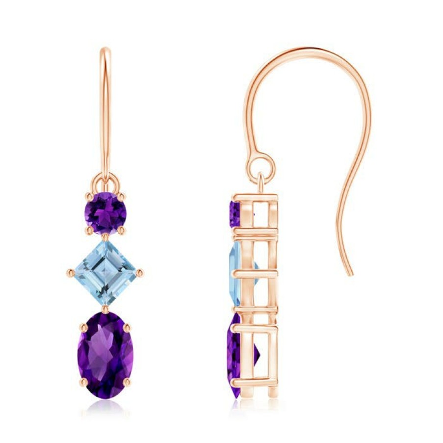 Earrings Angara Amethyst | Fish-Hook Amethyst And Aquamarine Three Stone Drop Earrings