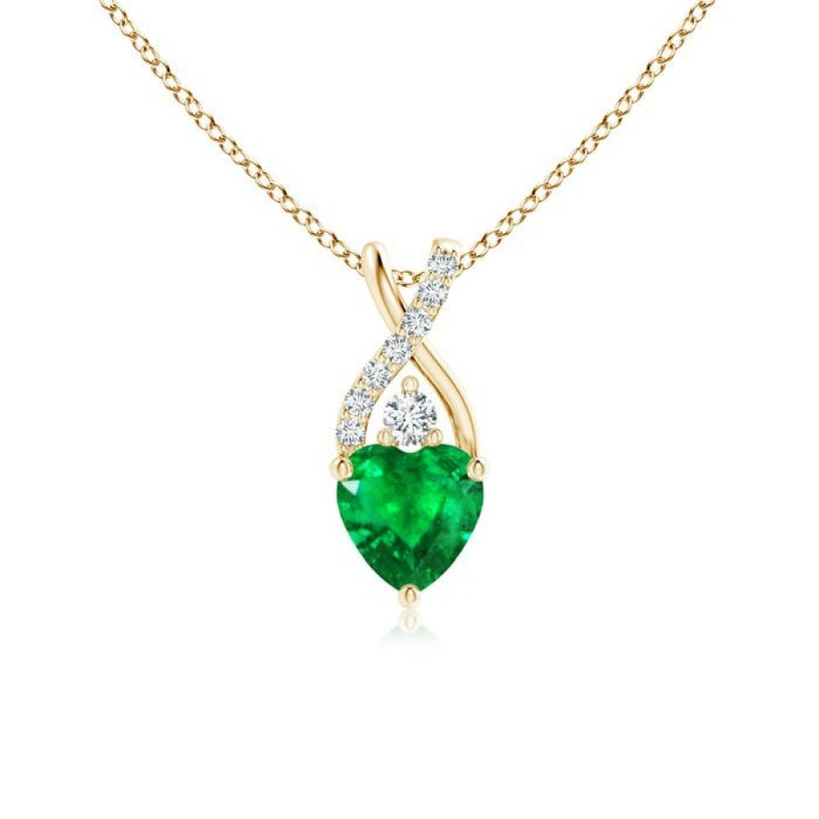 Necklaces Angara Emerald | Solitaire Heart Emerald Pendant With Twisted Diamond Bale