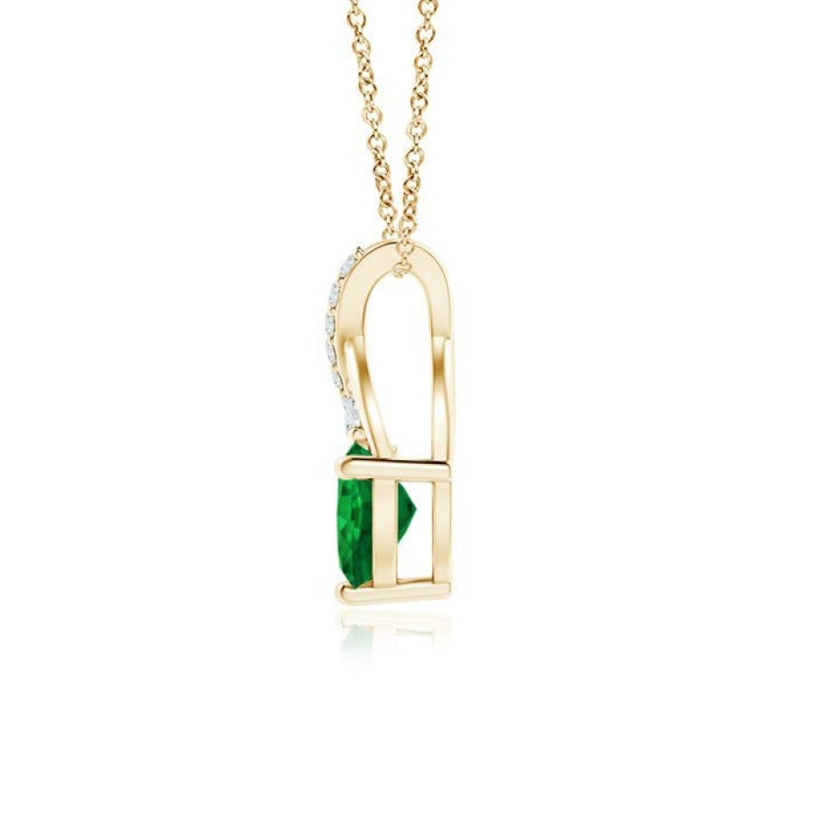 Necklaces Angara Emerald | Solitaire Heart Emerald Pendant With Twisted Diamond Bale