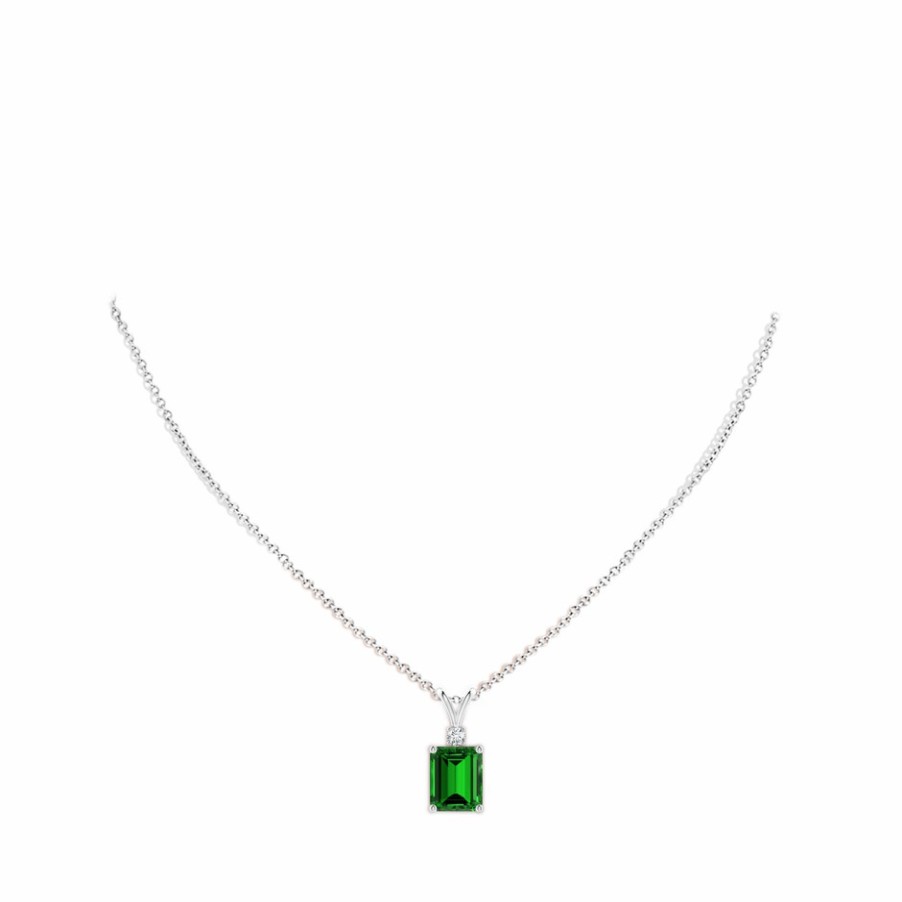 Necklaces Angara Emerald | Lab-Grown Emerald-Cut Emerald Solitaire Pendant With Diamond