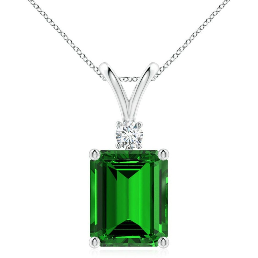 Necklaces Angara Emerald | Lab-Grown Emerald-Cut Emerald Solitaire Pendant With Diamond