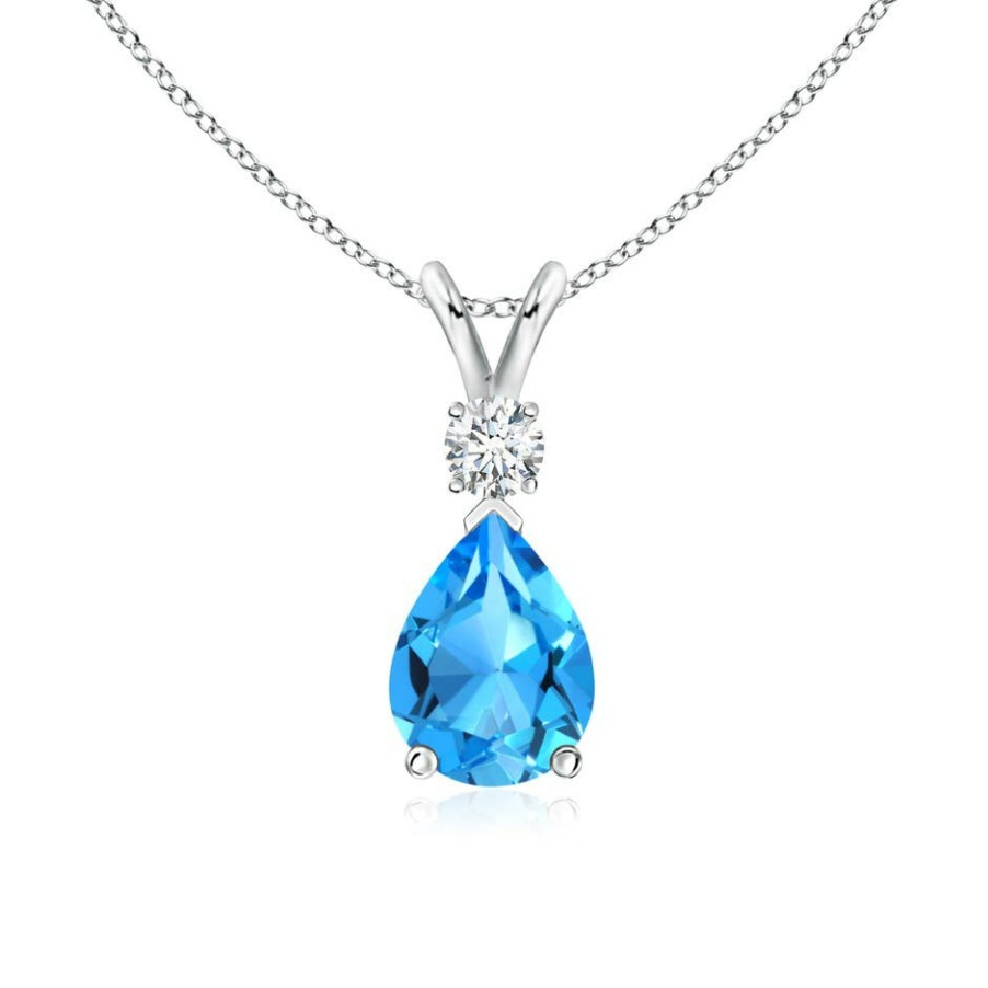 Necklaces Angara Swiss Blue Topaz | Swiss Blue Topaz Teardrop Pendant With Diamond