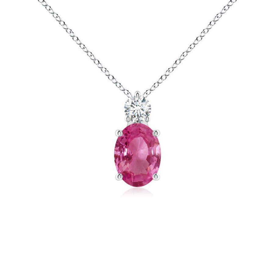 Necklaces Angara Pink Sapphire | Oval Pink Sapphire Solitaire Pendant With Diamond