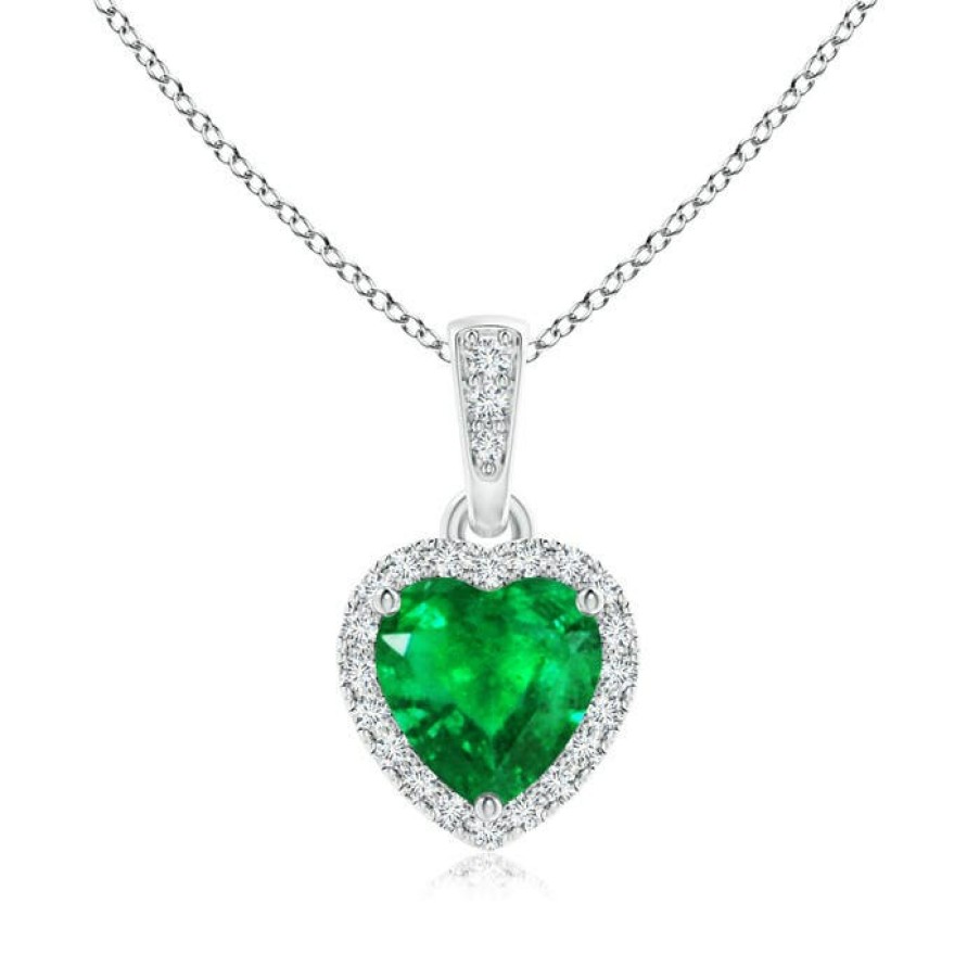 Necklaces Angara Emerald | Heart Emerald Pendant With Diamond Halo