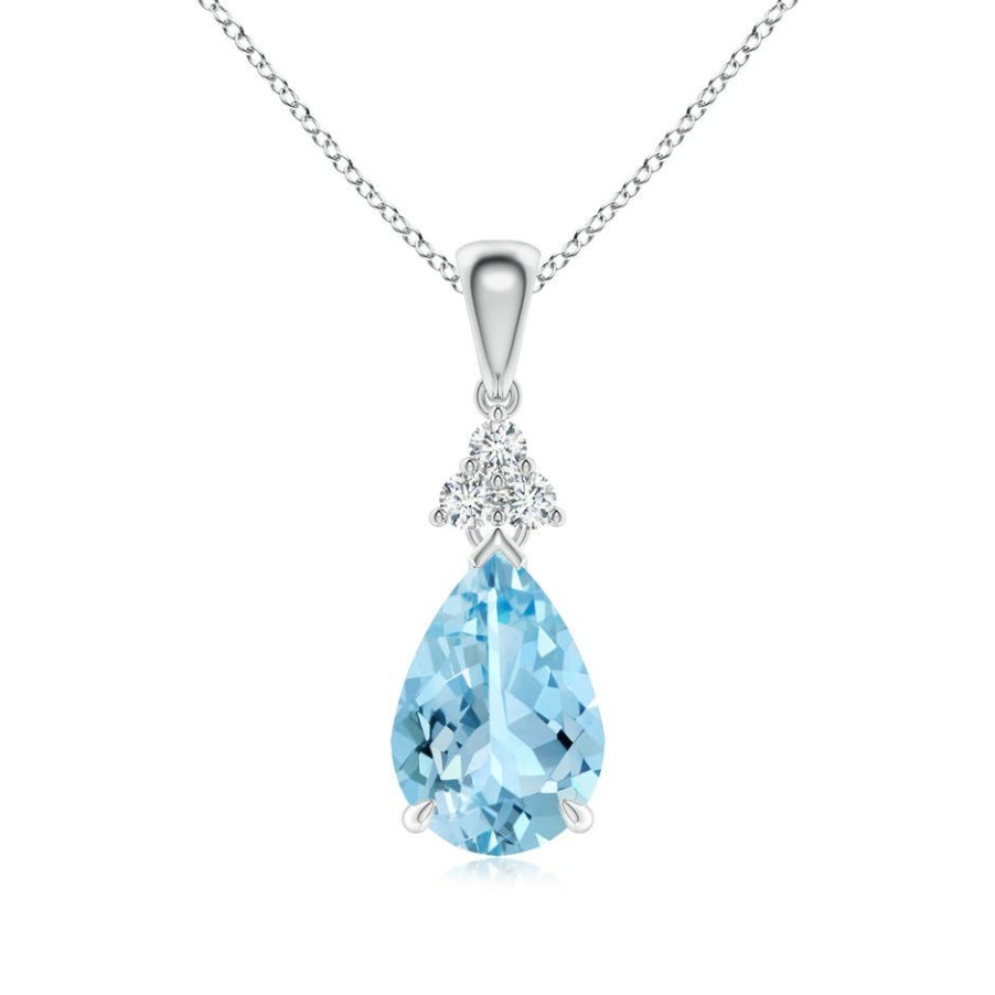 Necklaces Angara Aquamarine | Claw-Set Aquamarine Drop Pendant With Trio Diamonds