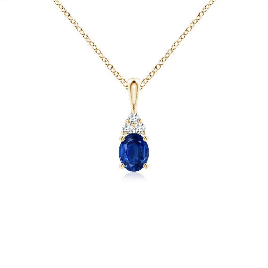 Necklaces Angara Blue Sapphire | Oval Sapphire Solitaire Pendant With Trio Diamond