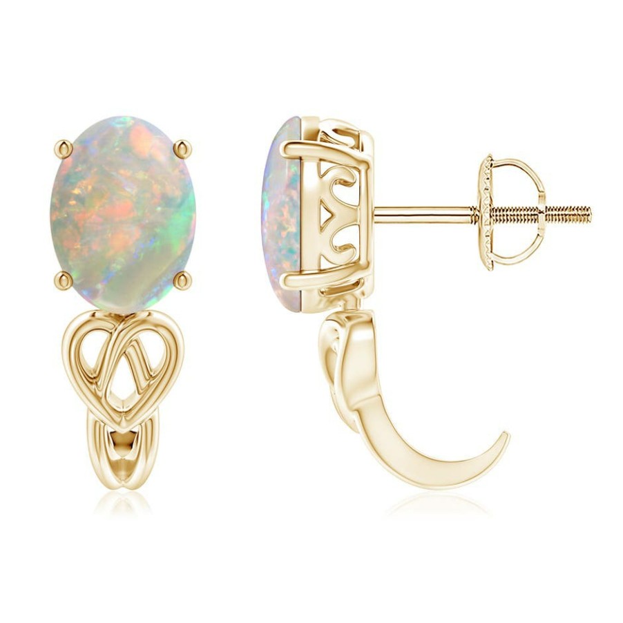 Earrings Angara Opal | Solitaire Oval Opal Celtic Knot J-Hoop Earrings