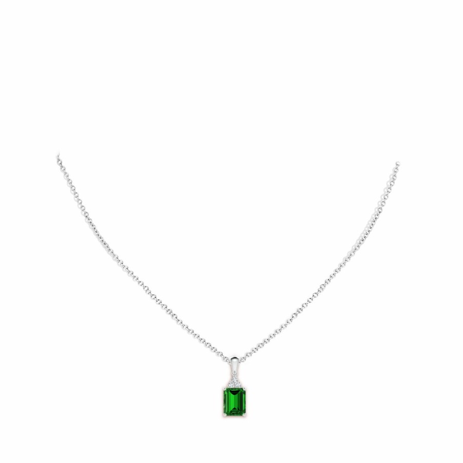 Necklaces Angara Emerald | Lab-Grown Emerald-Cut Emerald Pendant With Lab Diamond Trio