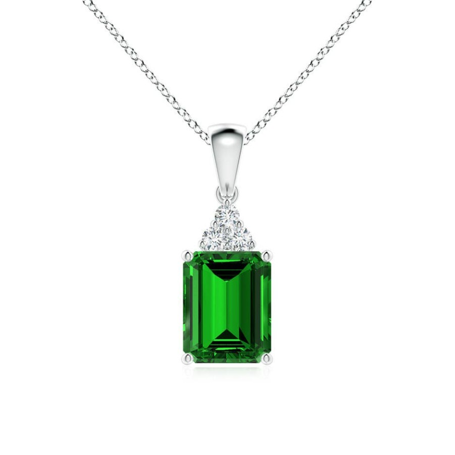 Necklaces Angara Emerald | Lab-Grown Emerald-Cut Emerald Pendant With Lab Diamond Trio