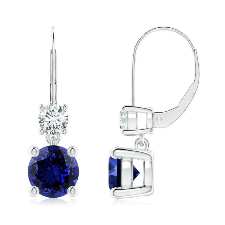 Earrings Angara Blue Sapphire | Lab-Grown Round Blue Sapphire Leverback Dangle Earrings With Lab Diamond