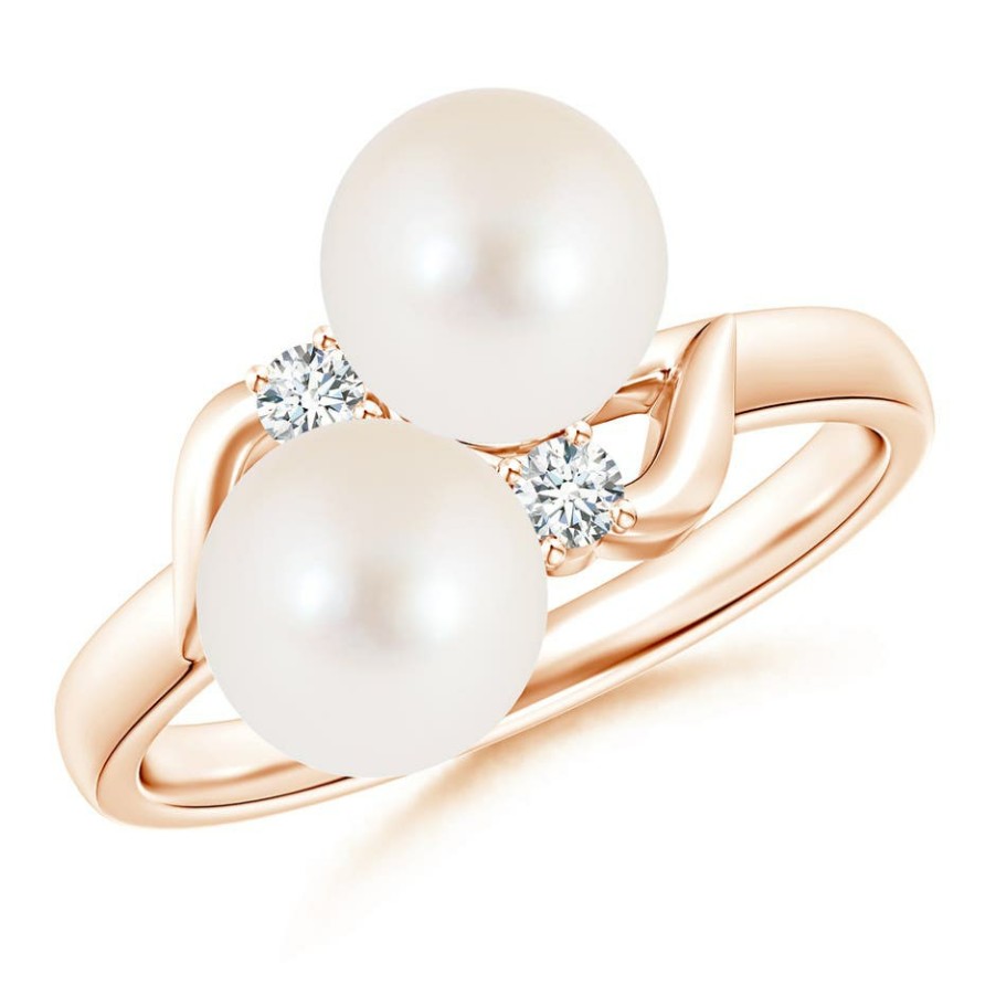 Rings Angara Freshwater Pearl | Two Stone Freshwater Pearl Ring With Diamond Accents