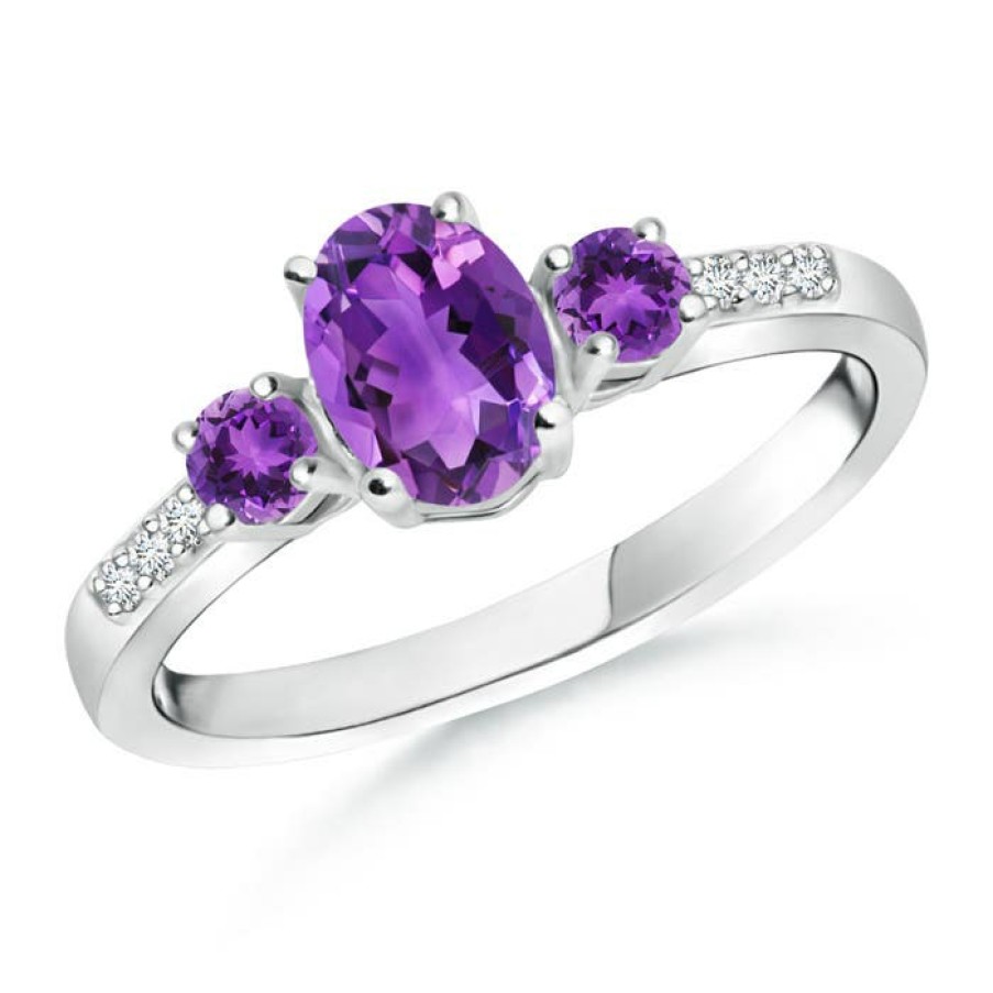 Rings Angara Amethyst | Oval Amethyst Three Stone Ring With Diamond Accents