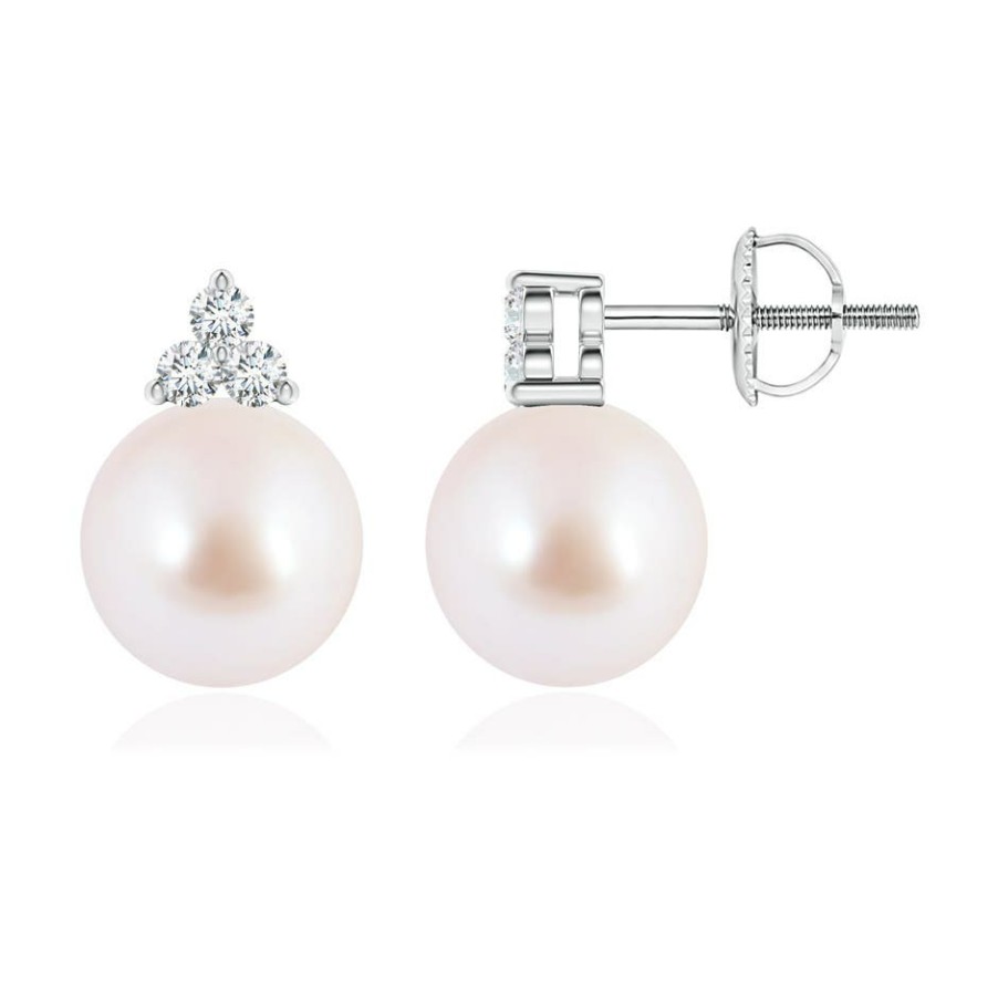 Earrings Angara Akoya Pearl | Japanese Akoya Pearl Stud Earrings With Trio Diamonds