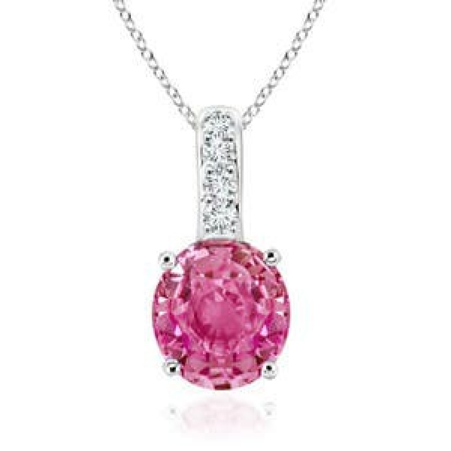 Necklaces Angara Pink Sapphire | Solitaire Round Pink Sapphire Pendant With Diamond Bale