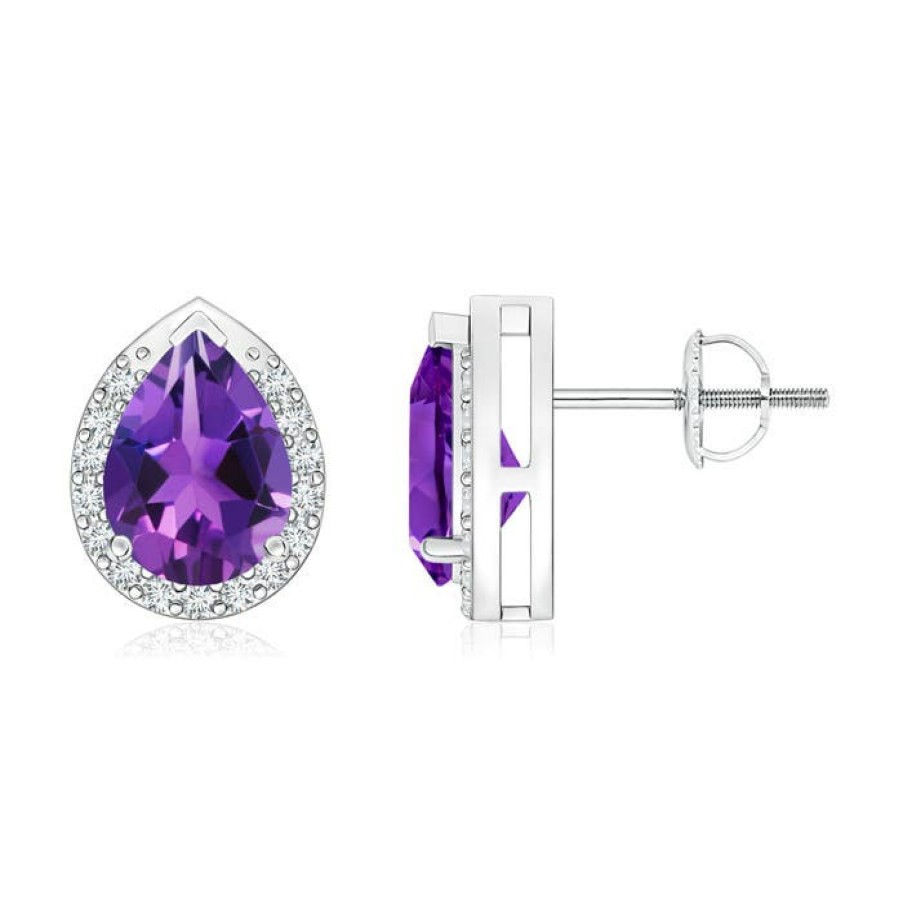 Earrings Angara Amethyst | Pear-Shaped Amethyst Stud Earrings With Diamond Halo