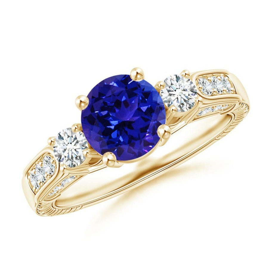 Rings Angara Tanzanite | Three Stone Round Tanzanite And Diamond Ring