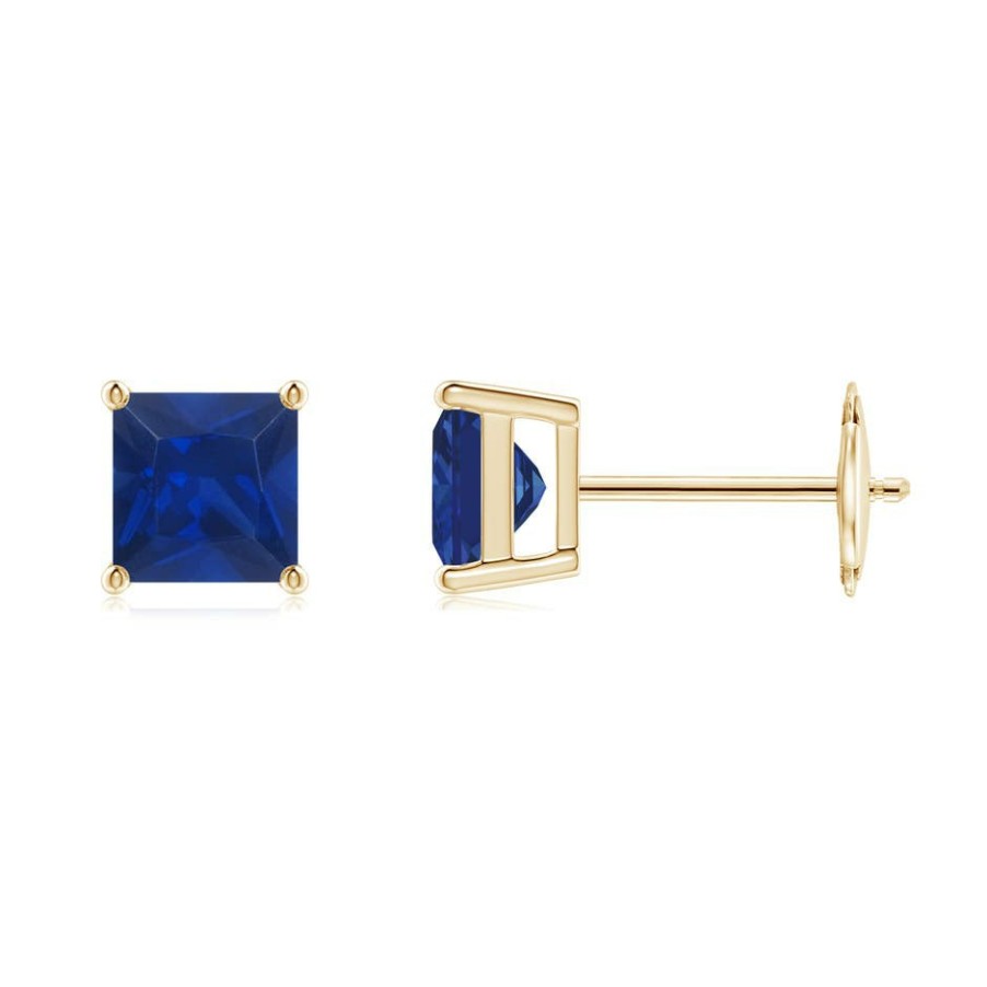 Earrings Angara Blue Sapphire | Classic Basket-Set Square Blue Sapphire Stud Earrings