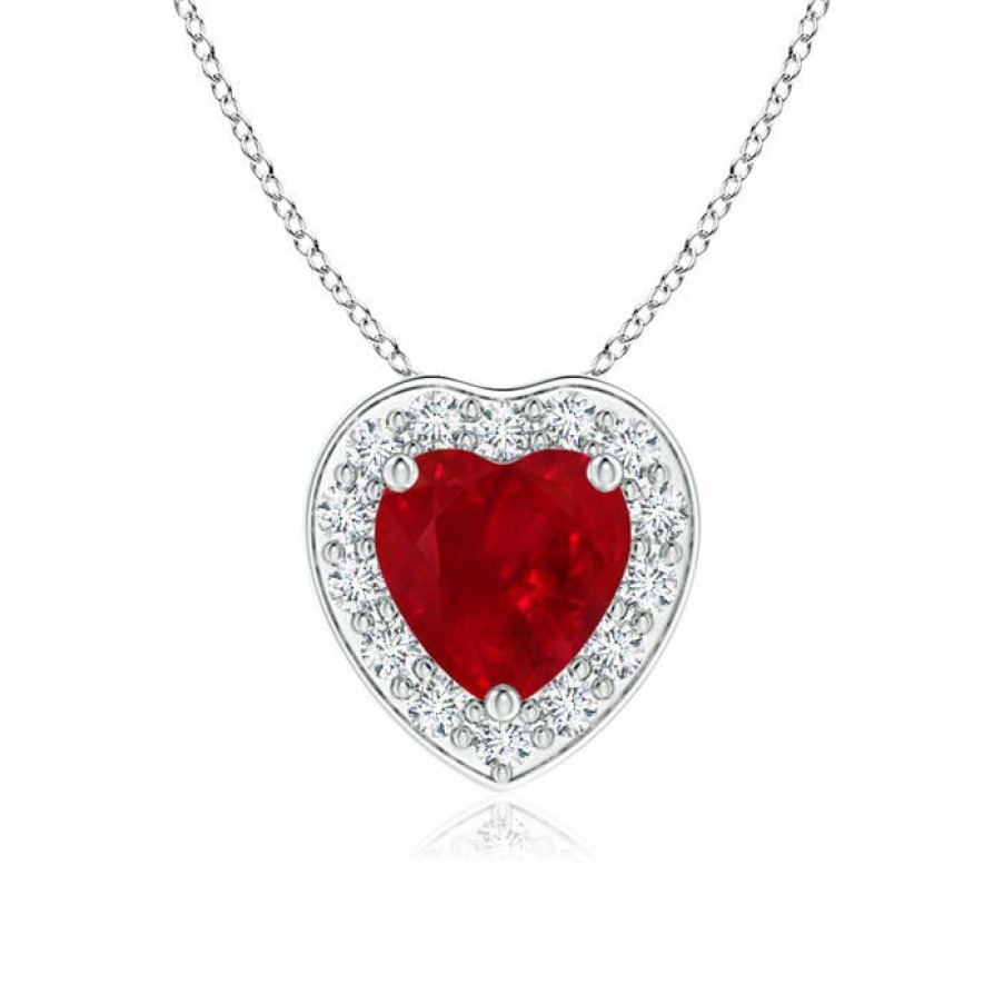 Necklaces Angara Ruby | Heart-Shaped Ruby Pendant With Diamond Halo