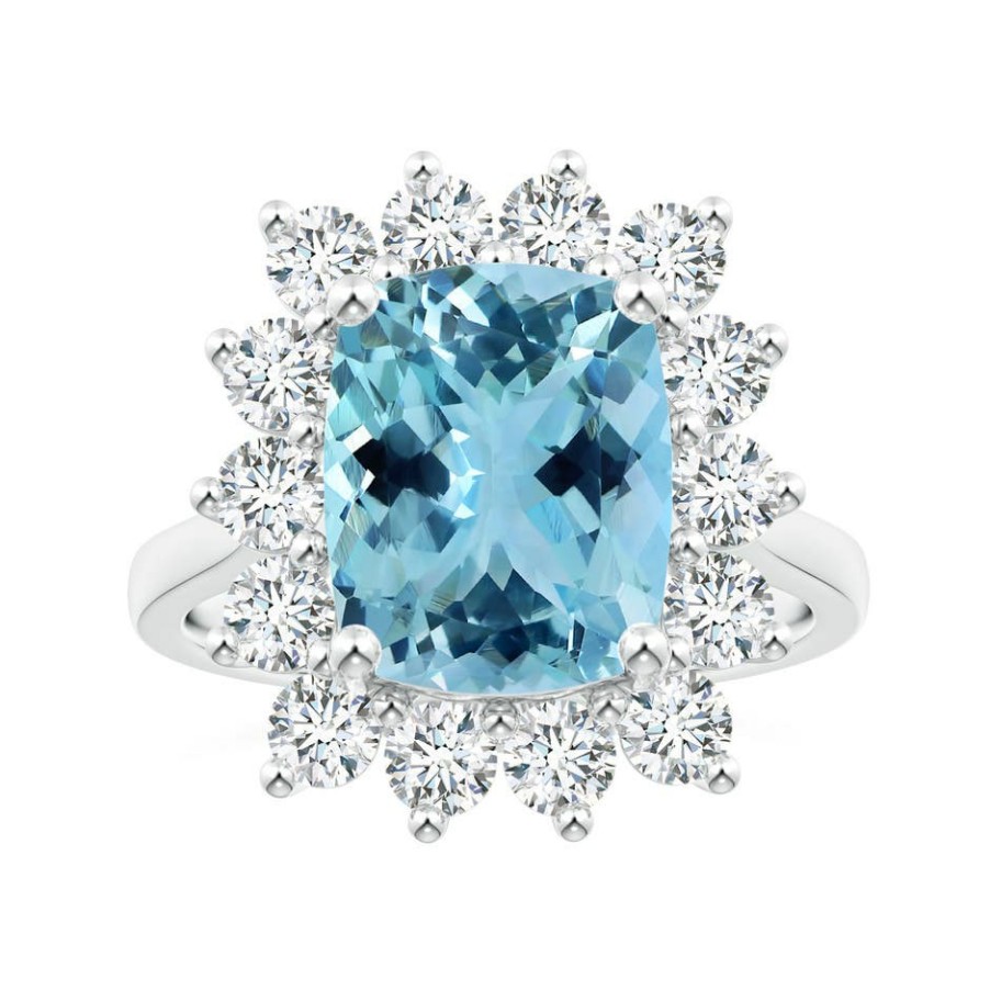 Rings Angara Aquamarine | Princess Diana Inspired Gia Certified Cushion Aquamarine Reverse Tapered Shank Ring With Halo