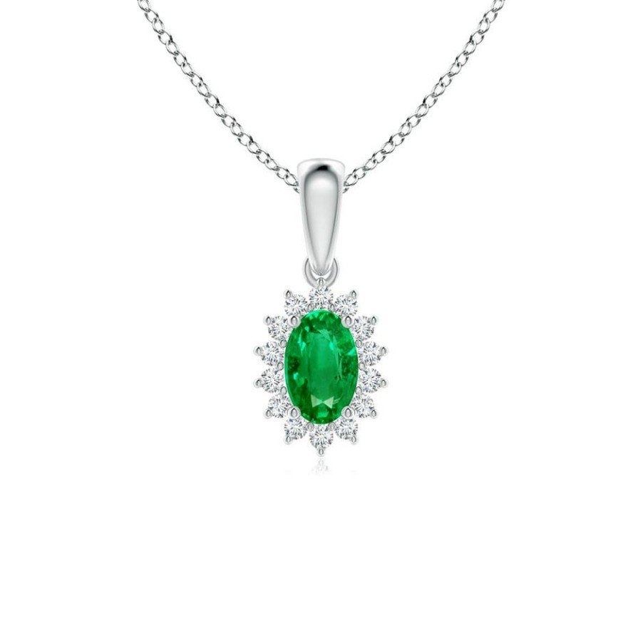 Necklaces Angara Emerald | Oval Emerald Pendant With Floral Diamond Halo