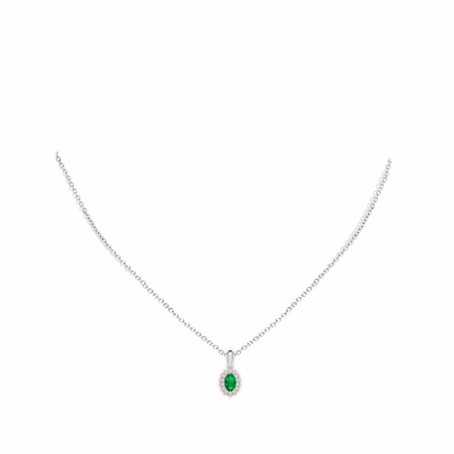 Necklaces Angara Emerald | Oval Emerald Pendant With Floral Diamond Halo