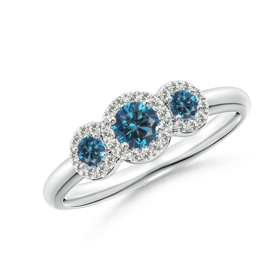 Rings Angara Enhanced Blue | Three Stone Blue Diamond Engagement Ring With Halo